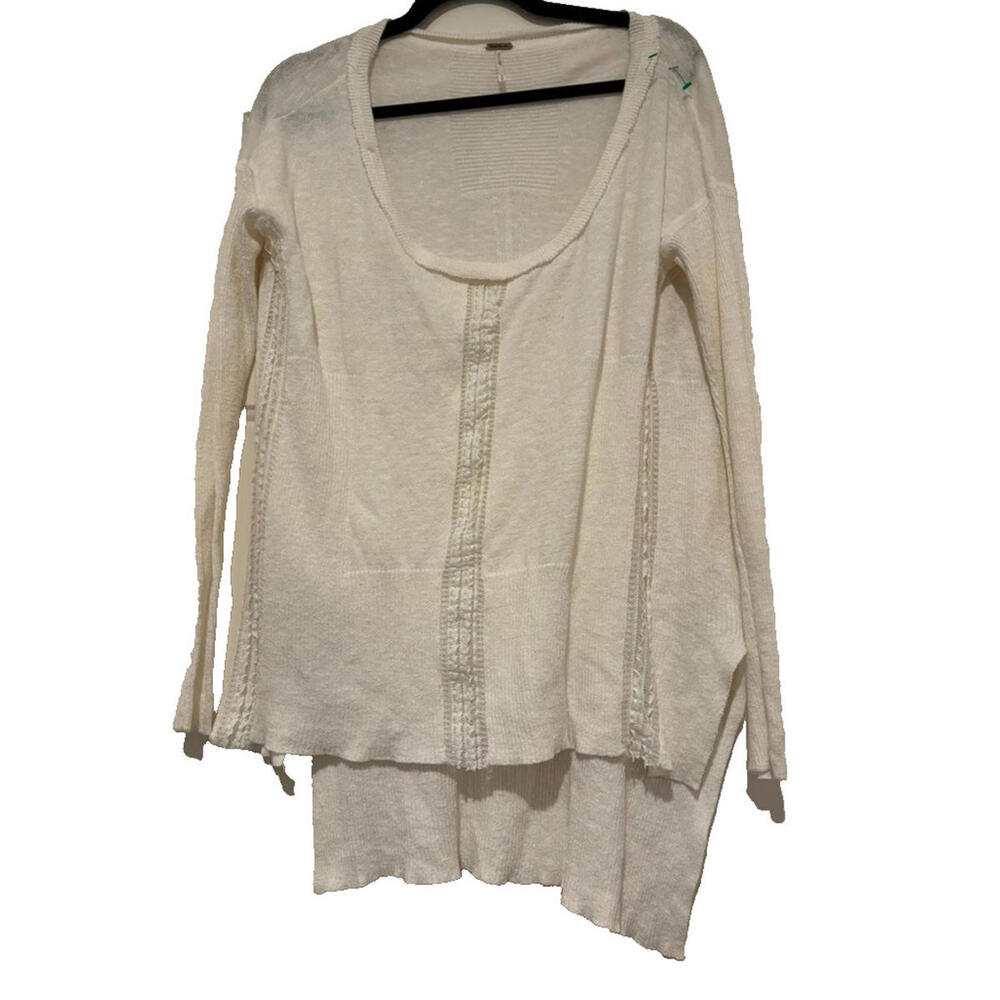 Free People oversized S‎ linen/cotton long sleeve lace white sweater #3186